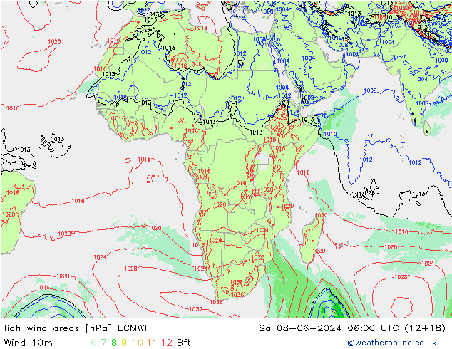 High wind areas ECMWF сб 08.06.2024 06 UTC