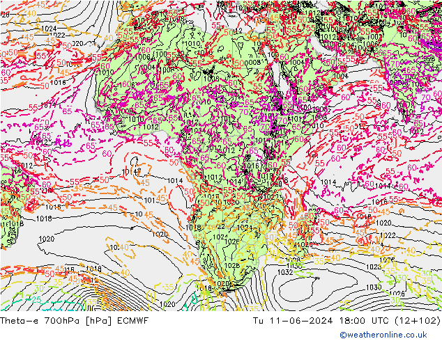 Theta-e 700hPa ECMWF  11.06.2024 18 UTC