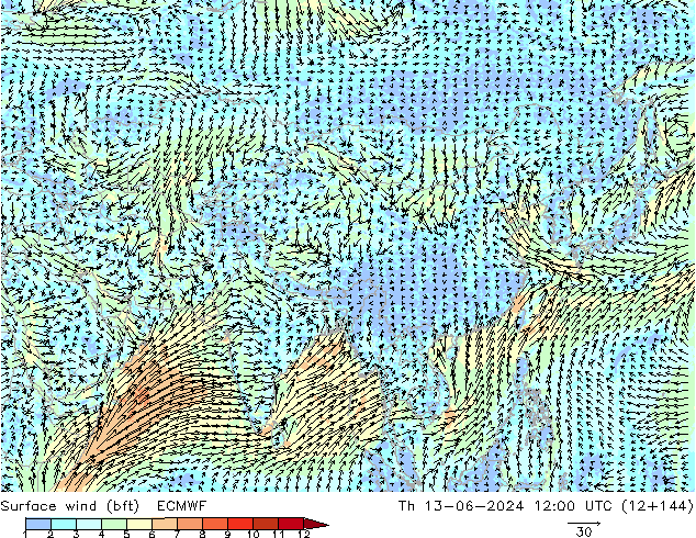 Vento 10 m (bft) ECMWF gio 13.06.2024 12 UTC