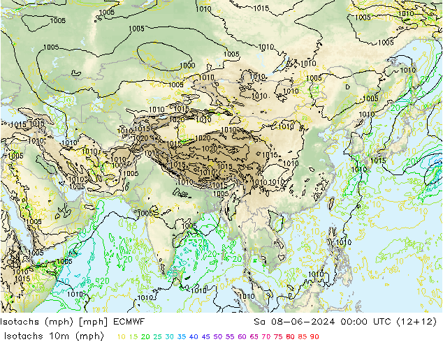 Isotachs (mph) ECMWF Sáb 08.06.2024 00 UTC