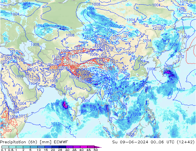 Prec 6h/Wind 10m/950 ECMWF dom 09.06.2024 06 UTC