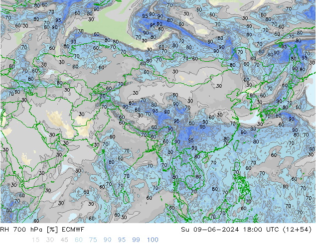 RH 700 hPa ECMWF dom 09.06.2024 18 UTC