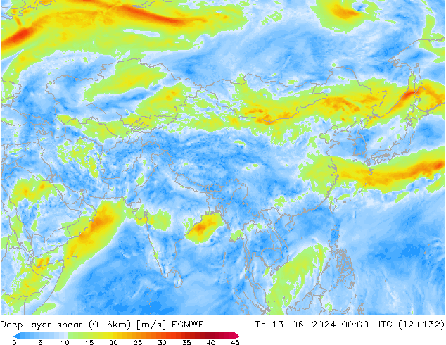 Deep layer shear (0-6km) ECMWF Čt 13.06.2024 00 UTC