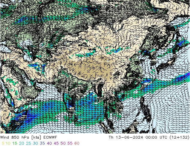 Wind 850 hPa ECMWF Čt 13.06.2024 00 UTC