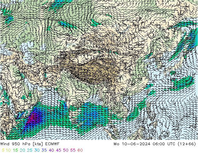 wiatr 950 hPa ECMWF pon. 10.06.2024 06 UTC