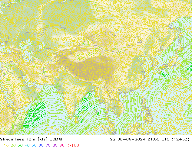 Línea de corriente 10m ECMWF sáb 08.06.2024 21 UTC