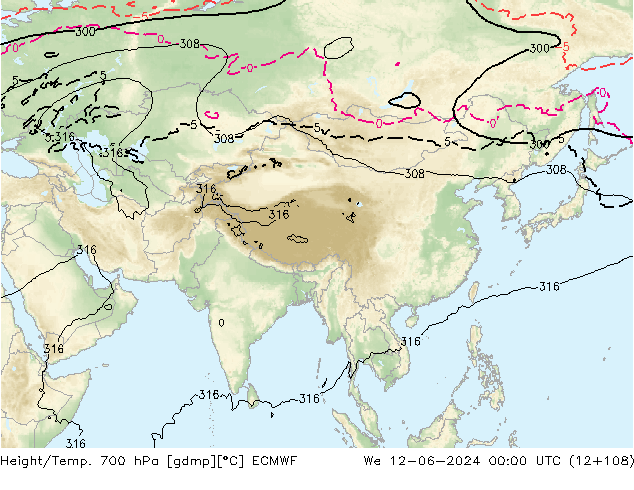 Height/Temp. 700 hPa ECMWF mer 12.06.2024 00 UTC