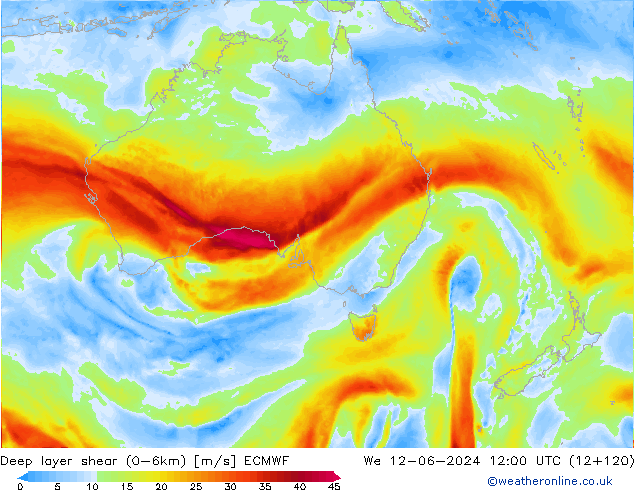 Deep layer shear (0-6km) ECMWF Qua 12.06.2024 12 UTC