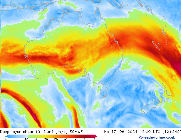 Deep layer shear (0-6km) ECMWF Pzt 17.06.2024 12 UTC