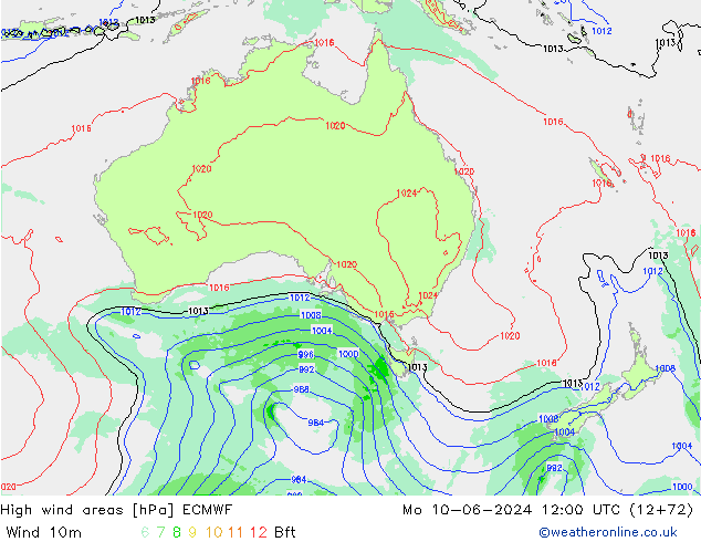 High wind areas ECMWF Mo 10.06.2024 12 UTC