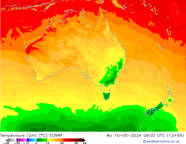 Temperaturkarte (2m) ECMWF Mo 10.06.2024 09 UTC