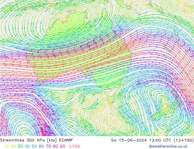 Linia prądu 300 hPa ECMWF so. 15.06.2024 12 UTC