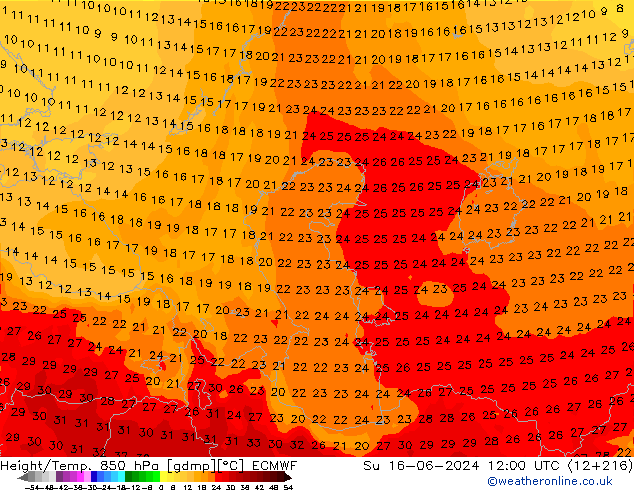 Height/Temp. 850 hPa ECMWF nie. 16.06.2024 12 UTC