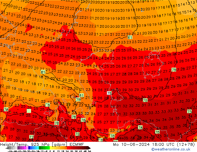 Height/Temp. 925 hPa ECMWF Po 10.06.2024 18 UTC