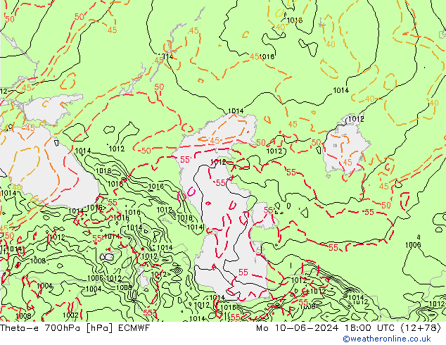 Theta-e 700hPa ECMWF Pzt 10.06.2024 18 UTC