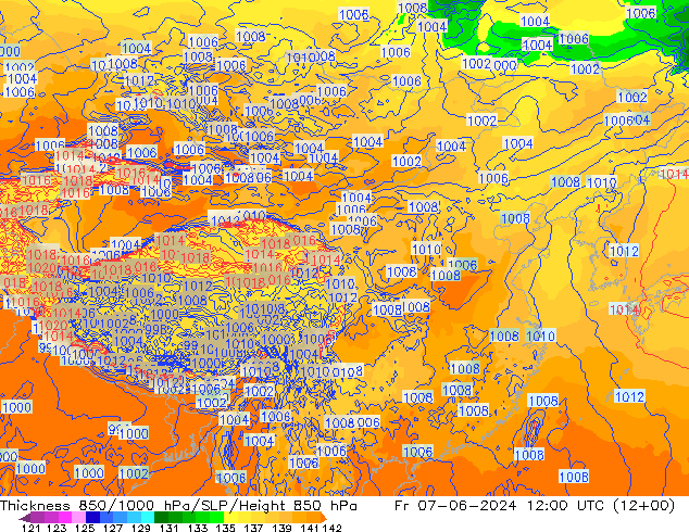 Thck 850-1000 hPa ECMWF Fr 07.06.2024 12 UTC