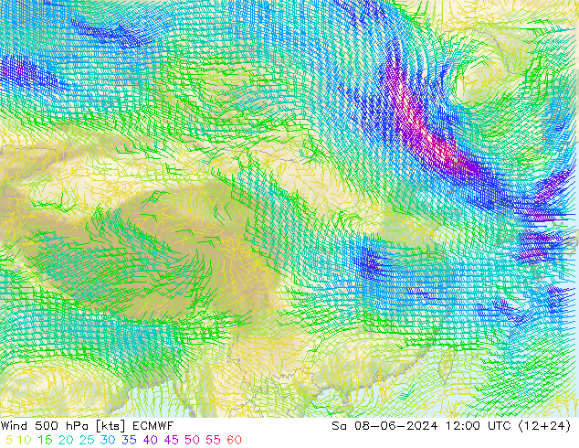 Wind 500 hPa ECMWF Sa 08.06.2024 12 UTC