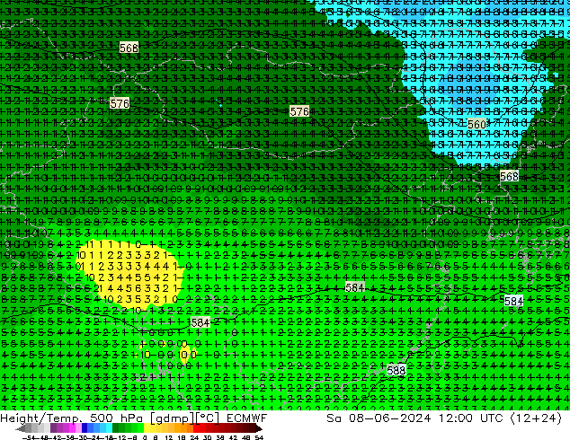Height/Temp. 500 hPa ECMWF So 08.06.2024 12 UTC