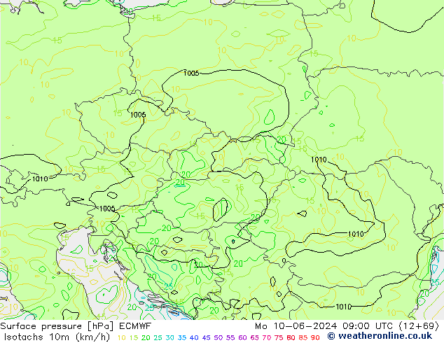 Isotachs (kph) ECMWF  10.06.2024 09 UTC