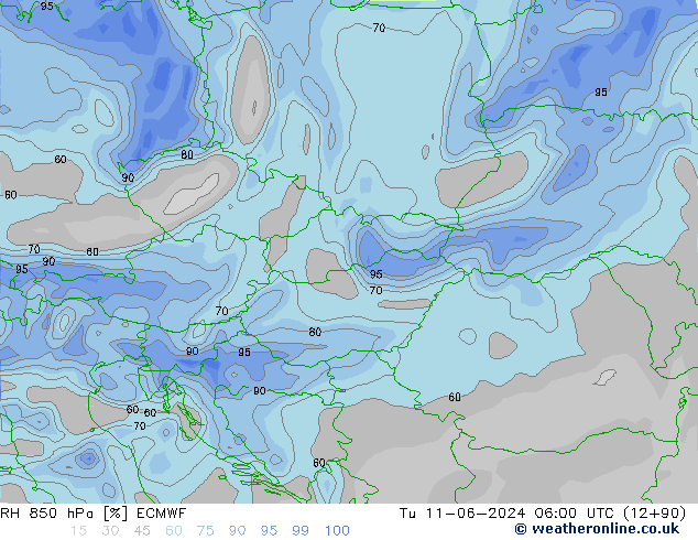 Humidité rel. 850 hPa ECMWF mar 11.06.2024 06 UTC