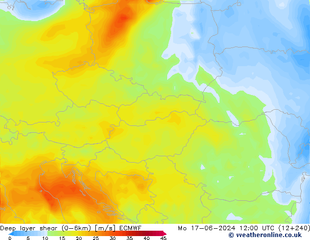 Deep layer shear (0-6km) ECMWF Mo 17.06.2024 12 UTC