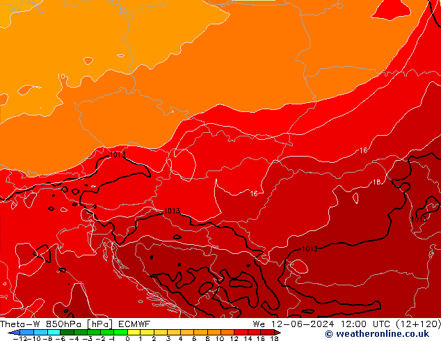 Theta-W 850гПа ECMWF ср 12.06.2024 12 UTC