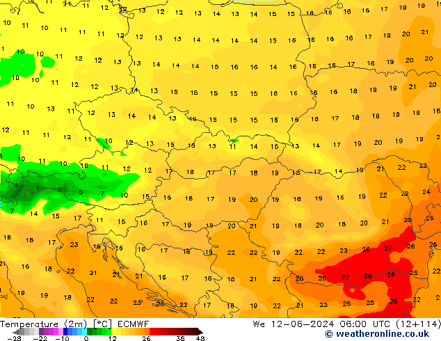 Temperature (2m) ECMWF We 12.06.2024 06 UTC