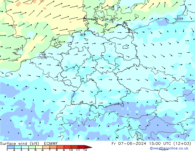 Wind 10 m (bft) ECMWF vr 07.06.2024 15 UTC