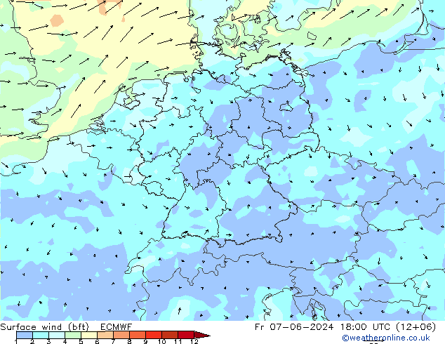 Rüzgar 10 m (bft) ECMWF Cu 07.06.2024 18 UTC