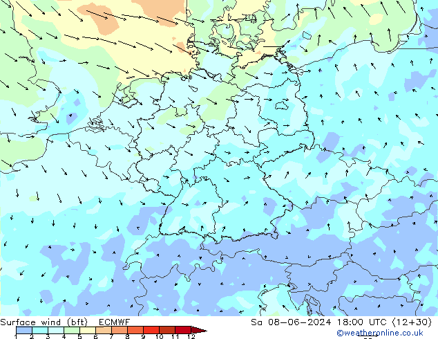 Surface wind (bft) ECMWF Sa 08.06.2024 18 UTC
