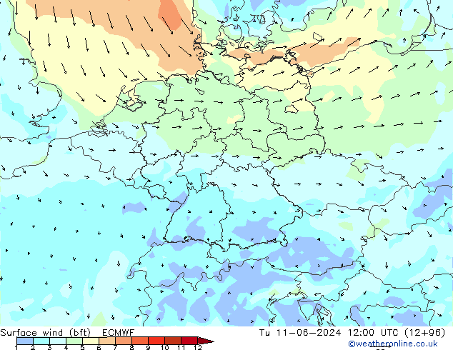 Bodenwind (bft) ECMWF Di 11.06.2024 12 UTC