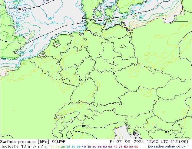 Isotaca (kph) ECMWF vie 07.06.2024 18 UTC