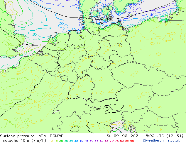 Isotachs (kph) ECMWF Dom 09.06.2024 18 UTC