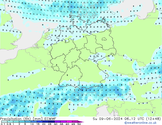 Z500/Rain (+SLP)/Z850 ECMWF Вс 09.06.2024 12 UTC