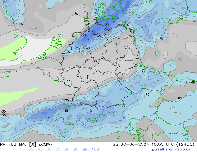 RH 700 hPa ECMWF sab 08.06.2024 18 UTC