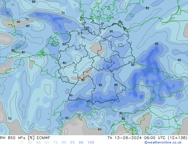 Humidité rel. 850 hPa ECMWF jeu 13.06.2024 06 UTC