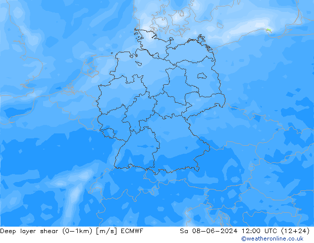 Deep layer shear (0-1km) ECMWF So 08.06.2024 12 UTC