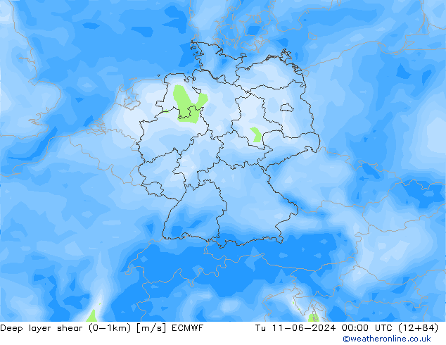 Deep layer shear (0-1km) ECMWF Tu 11.06.2024 00 UTC