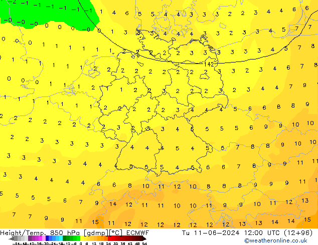 Height/Temp. 850 hPa ECMWF Di 11.06.2024 12 UTC