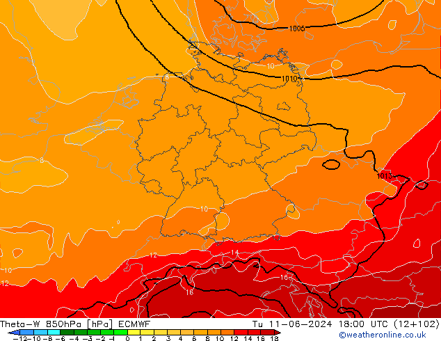 Theta-W 850hPa ECMWF Tu 11.06.2024 18 UTC