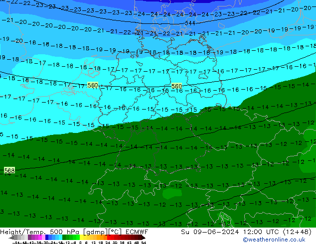 Z500/Rain (+SLP)/Z850 ECMWF Dom 09.06.2024 12 UTC