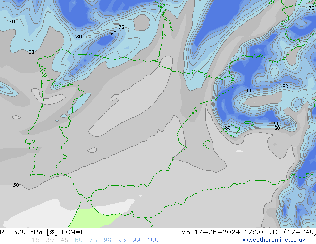 RH 300 гПа ECMWF пн 17.06.2024 12 UTC