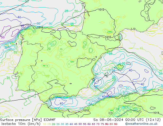 Isotachs (kph) ECMWF Sa 08.06.2024 00 UTC