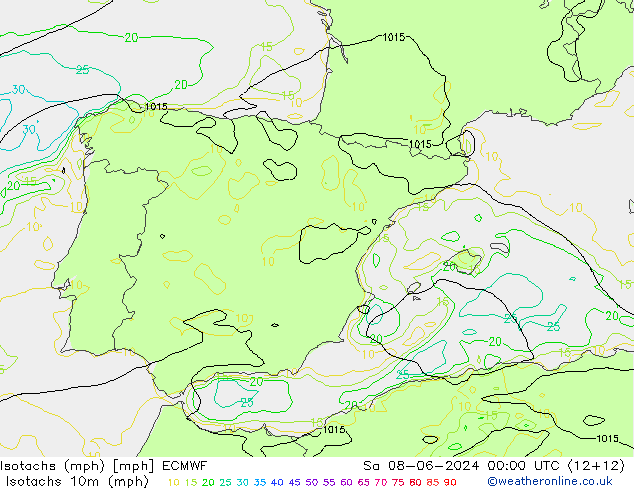 Isotachen (mph) ECMWF za 08.06.2024 00 UTC