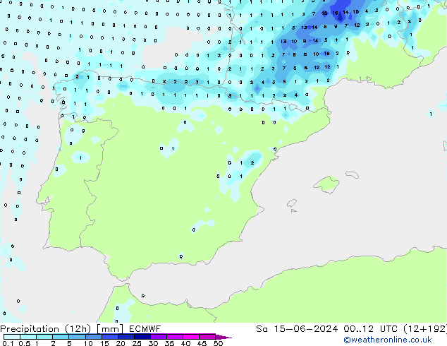 Totale neerslag (12h) ECMWF za 15.06.2024 12 UTC