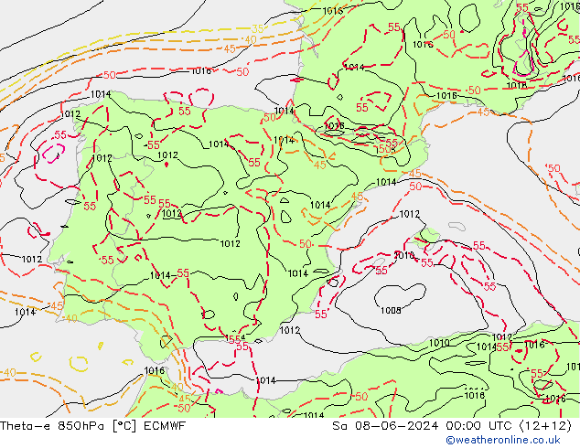 Theta-e 850hPa ECMWF za 08.06.2024 00 UTC