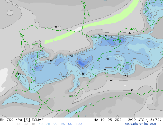 RH 700 hPa ECMWF Mo 10.06.2024 12 UTC