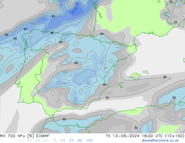 RH 700 hPa ECMWF Th 13.06.2024 18 UTC