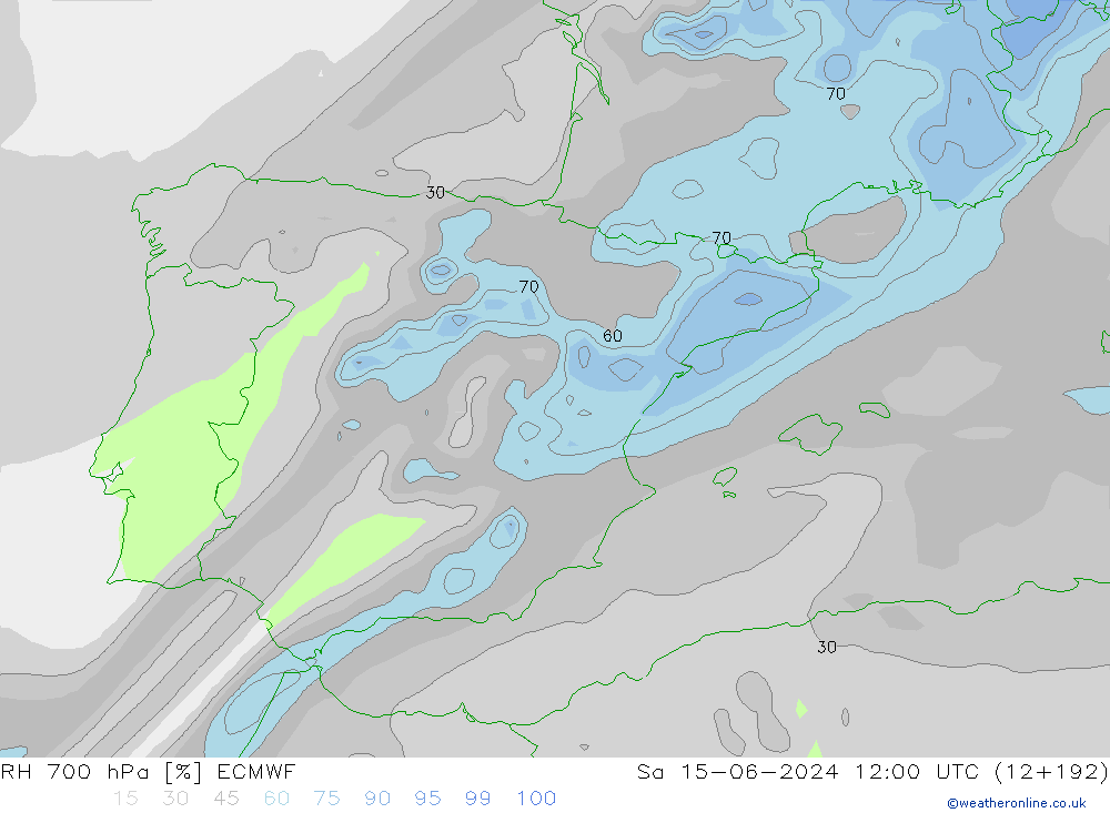 RH 700 hPa ECMWF so. 15.06.2024 12 UTC