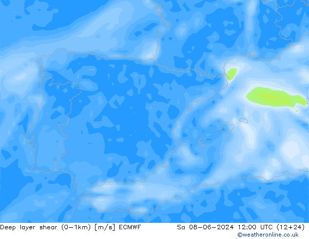 Deep layer shear (0-1km) ECMWF Sa 08.06.2024 12 UTC